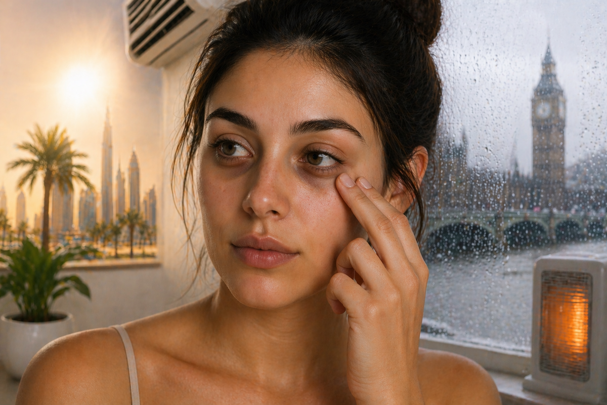woman with dark circles and under eye bags touching under eye area tired skin puffiness skincare concern