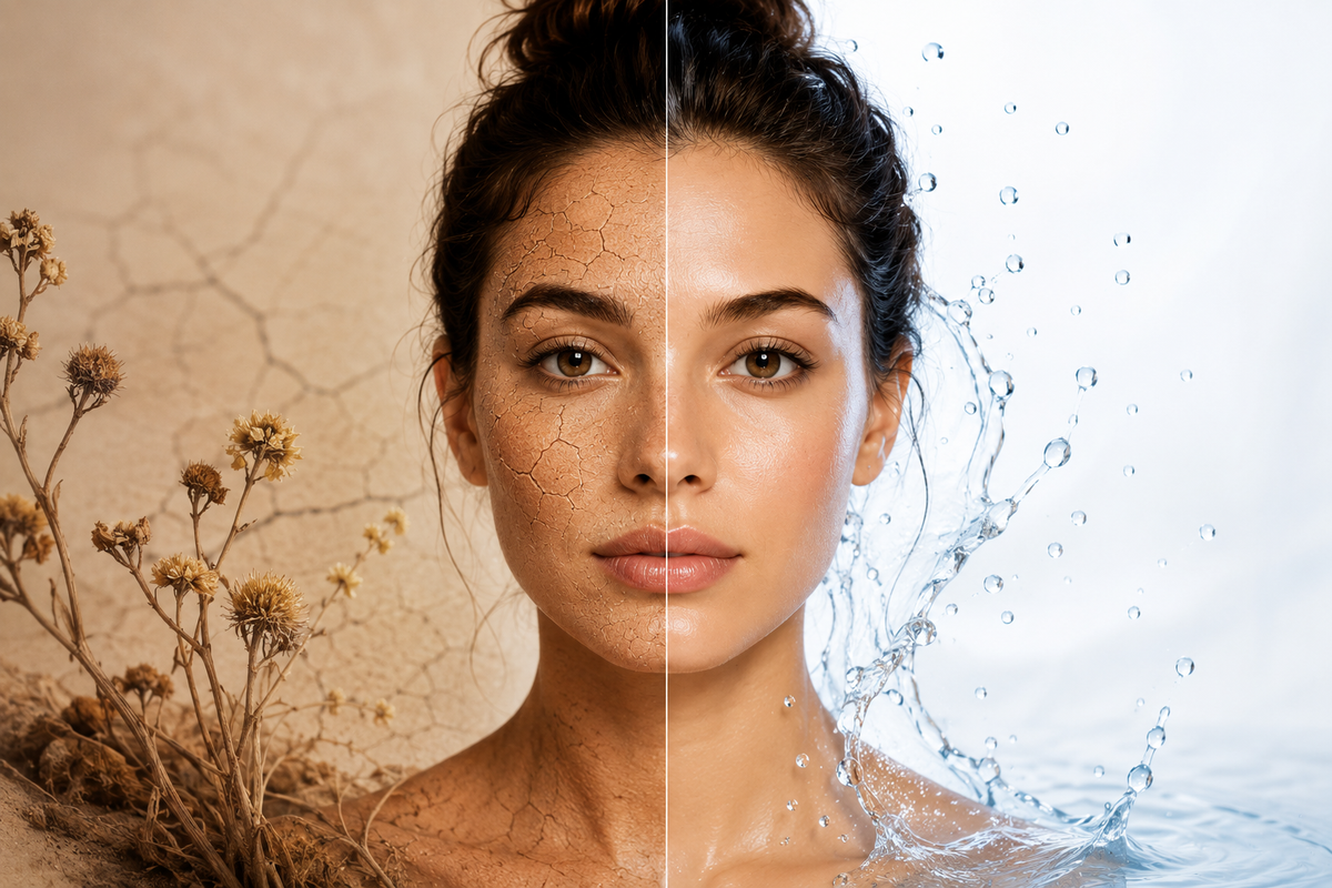 Woman comparing dry skin vs dehydrated skin symptoms and skincare solutions