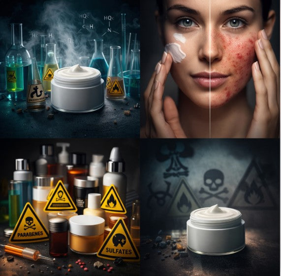 Face cream side effects illustration showing skin irritation, chemical ingredients like parabens and sulfates, and hidden risks of skincare products