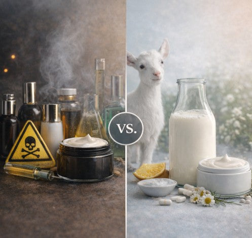 Comparison of conventional face cream with synthetic chemicals and natural goat milk skincare showing healthier skin benefits
