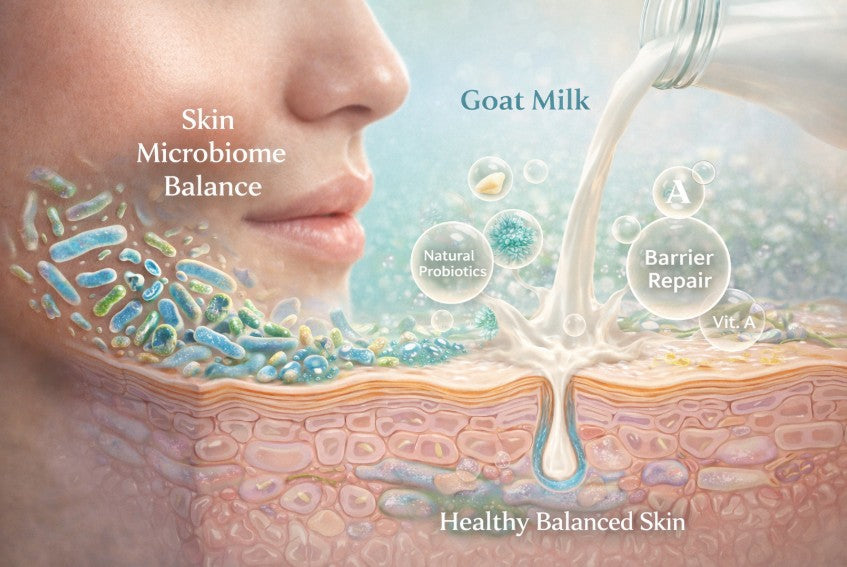Goat milk skincare benefits for dry and sensitive skin including microbiome balance and barrier repair