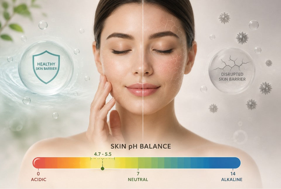 Comparison of healthy and disrupted skin barrier highlighting ideal pH levels.