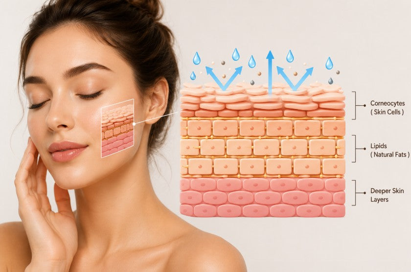 Healthy skin barrier illustration featuring facial skin, corneocytes, lipids, and deeper skin layers to explain barrier repair and moisture protection.