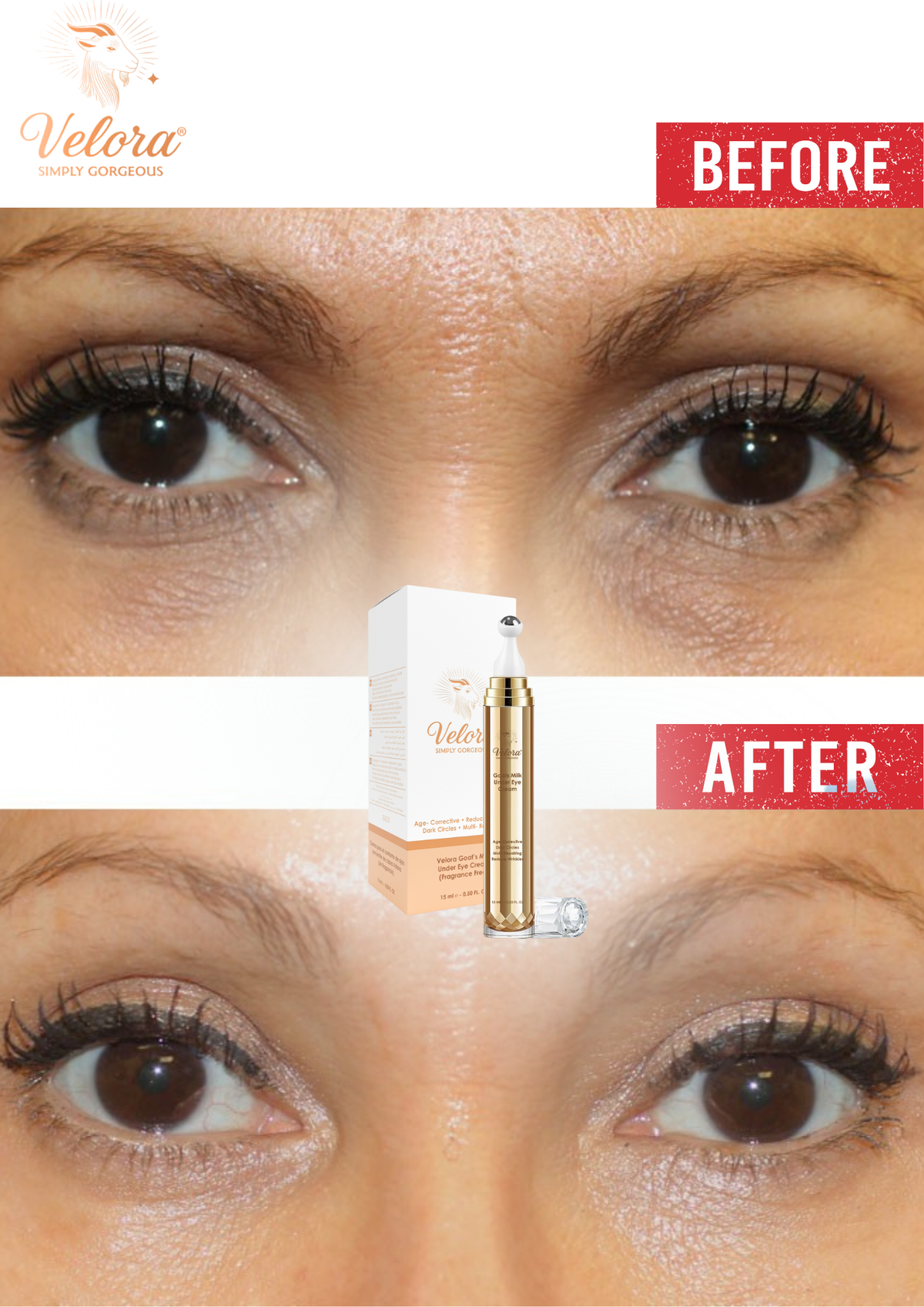 Velora Goat’s Milk Under-Eye Cream before and after showing reduced puffiness, smoother fine lines, and brighter under-eye area.
