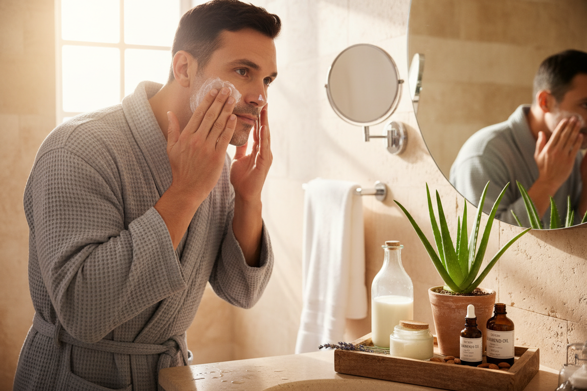 Man applying skincare in the bathroom using natural products including goat milk and aloe-based skincare on the counter.