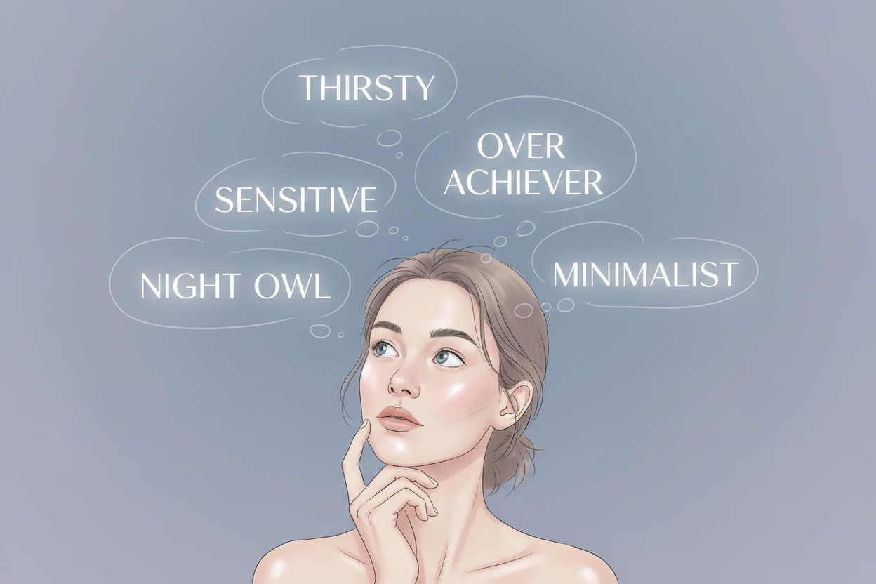 a woman imagining different skin personalities including sensitive skin, dehydrated skin, night owl skin, minimalist routine, and overachiever skin.