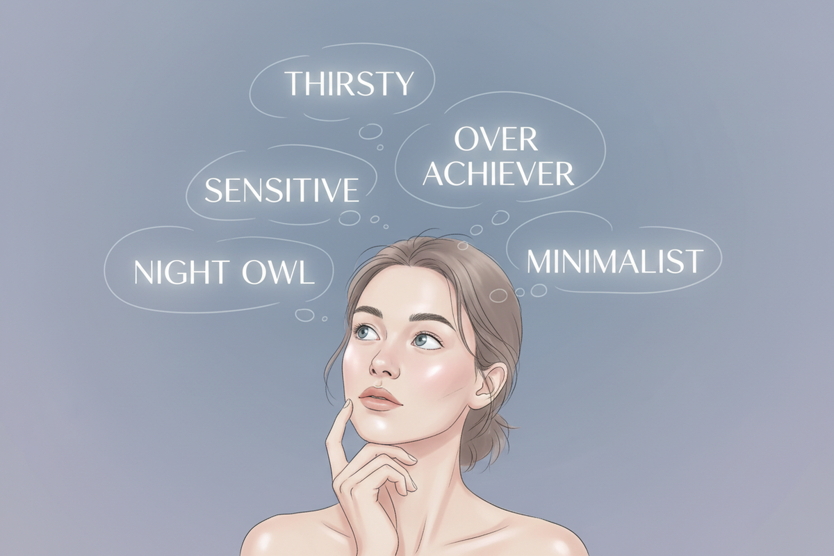 a woman imagining different skin personalities including sensitive skin, dehydrated skin, night owl skin, minimalist routine, and overachiever skin.