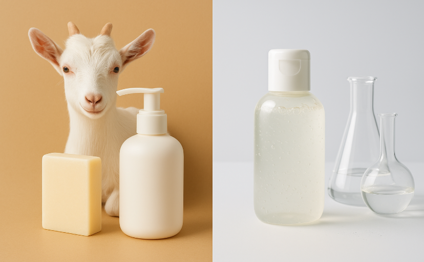 A split-image comparing natural goat’s milk skincare with chemical skincare