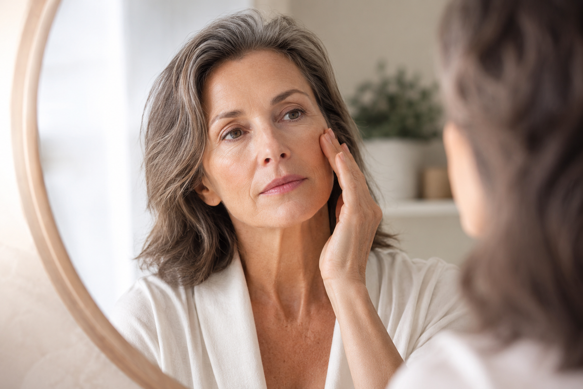 Woman experiencing menopause-related skin changes looking at her reflection in a mirror, highlighting mature skincare concerns such as dryness, loss of elasticity, and fine lines.