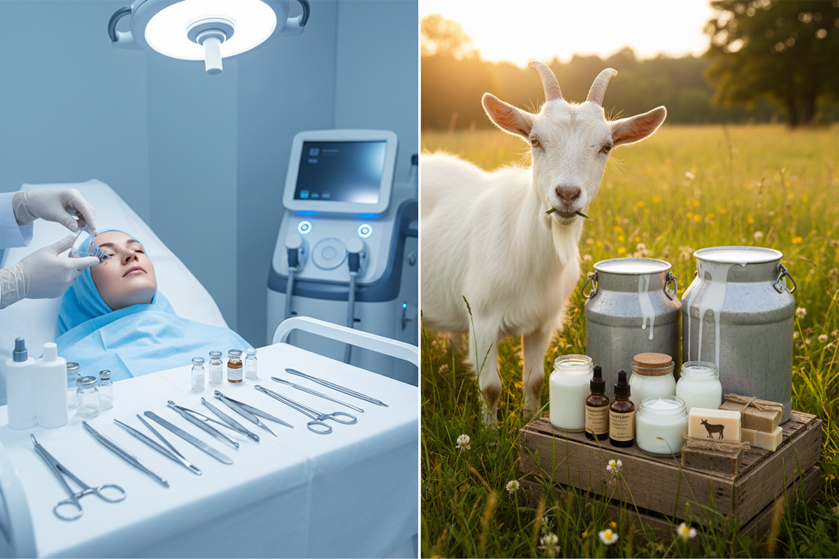 Side-by-side comparison image of a woman receiving a clinical skincare procedure and a goat standing beside fresh goat milk products, representing natural goat milk alternatives to cosmetic treatments.”