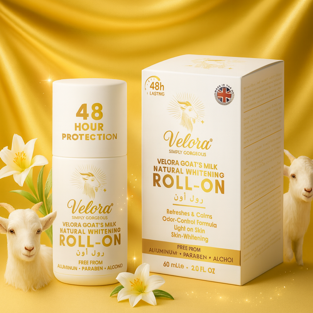 Velora Goat’s Milk Natural Whitening Roll-On deodorant and its packaging displayed against a silky gold background, surrounded by white lilies and two small goats, highlighting freshness, purity, and premium skincare