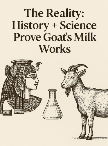 The Reality: History + Science Prove Goat’s Milk Works,’ representing the historical and scientific benefits of goat’s milk skincare.