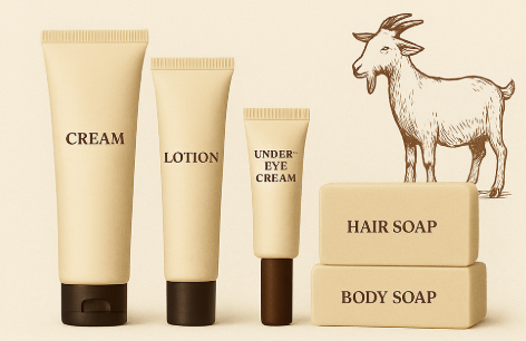 Goat Milk skincare cream, lotion, under-eye cream, hair soap, and body soap