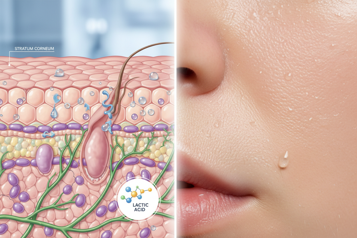 Lactic acid entering the skin barrier to support exfoliation, hydration, and smoother, healthier-looking skin.