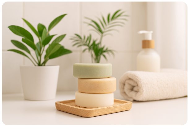Eco-friendly shampoo bars made from natural ingredients displayed on a clean, minimalist background alongside botanical elements, contrasting with plastic shampoo bottles to highlight sustainability and reduced waste.