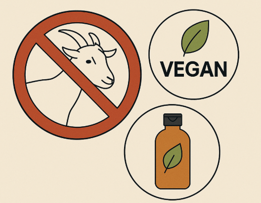 a no-goat symbol, a vegan label, and a plant-based skincare bottle to illustrate the debate around goat’s milk skincare not being vegan.