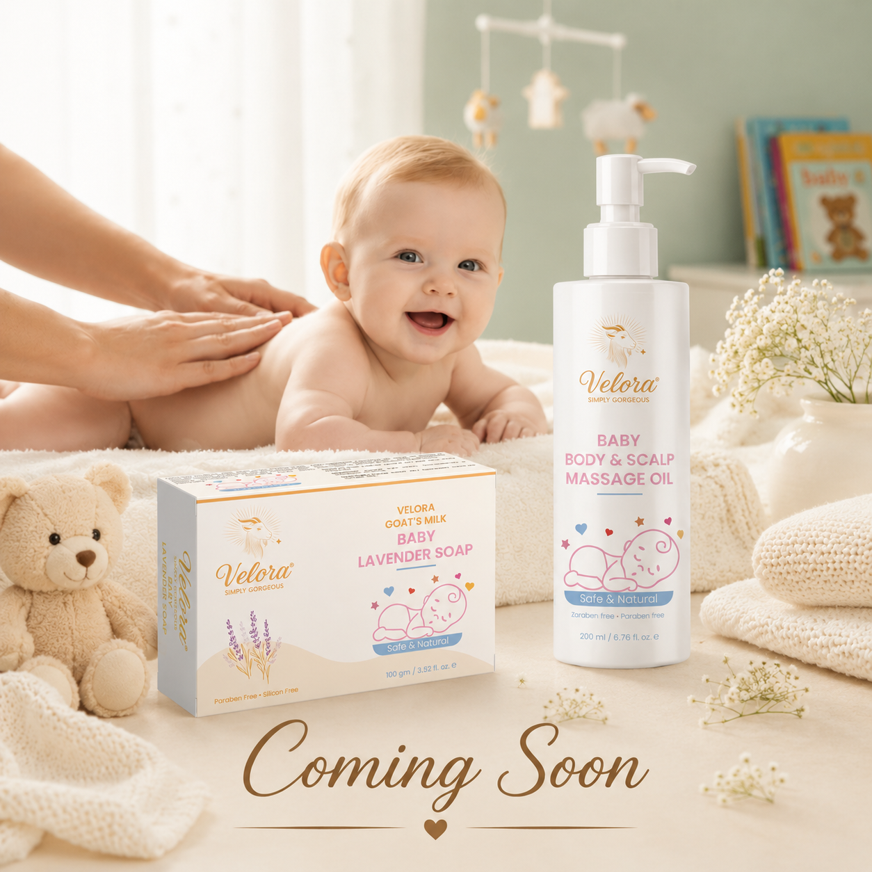 Smiling baby on a changing table with a parent applying Velora Baby Moisturizing Lotion beside them.