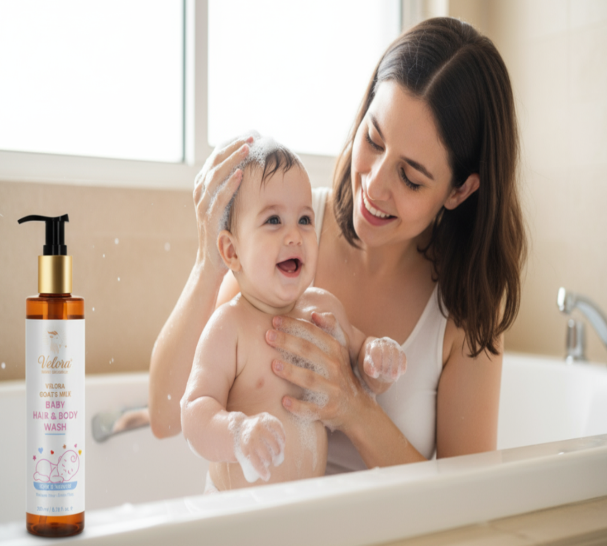 Woman bathing a baby with a bottle of baby shampoo in the foreground.