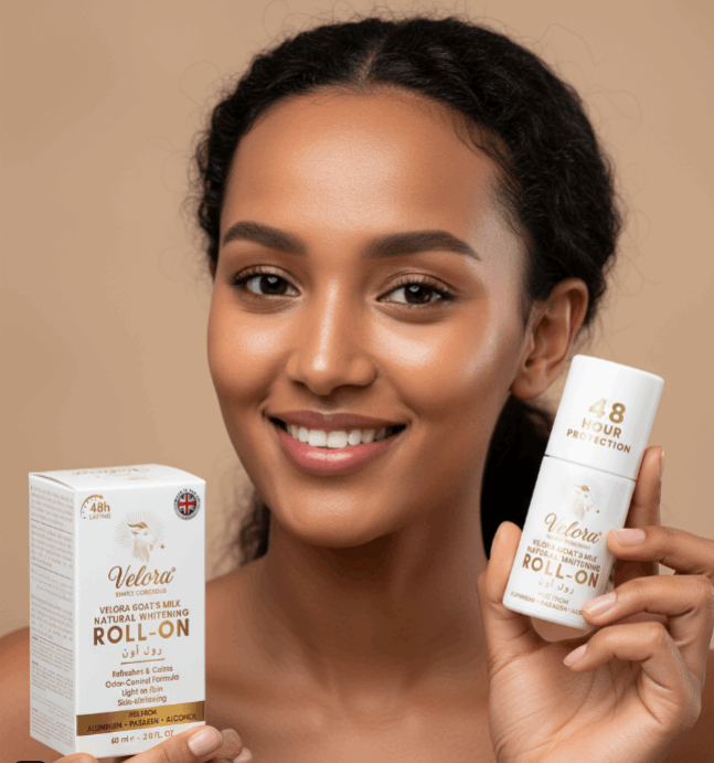 Velora Goat’s Milk Natural Whitening Roll-On Deodorant 48-hour protection bottle and packaging