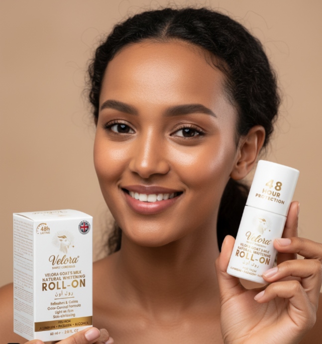 Velora Goat’s Milk Natural Whitening Roll-On Deodorant 48-hour protection bottle and packaging