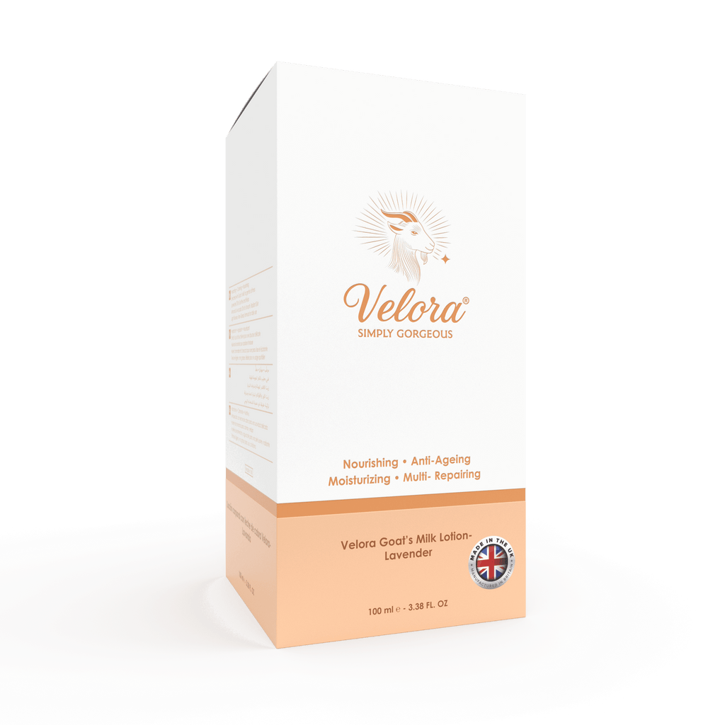 Velora Goat’s Milk Body Lotion packaging – hydrating, soothing lotion for soft radiant skin