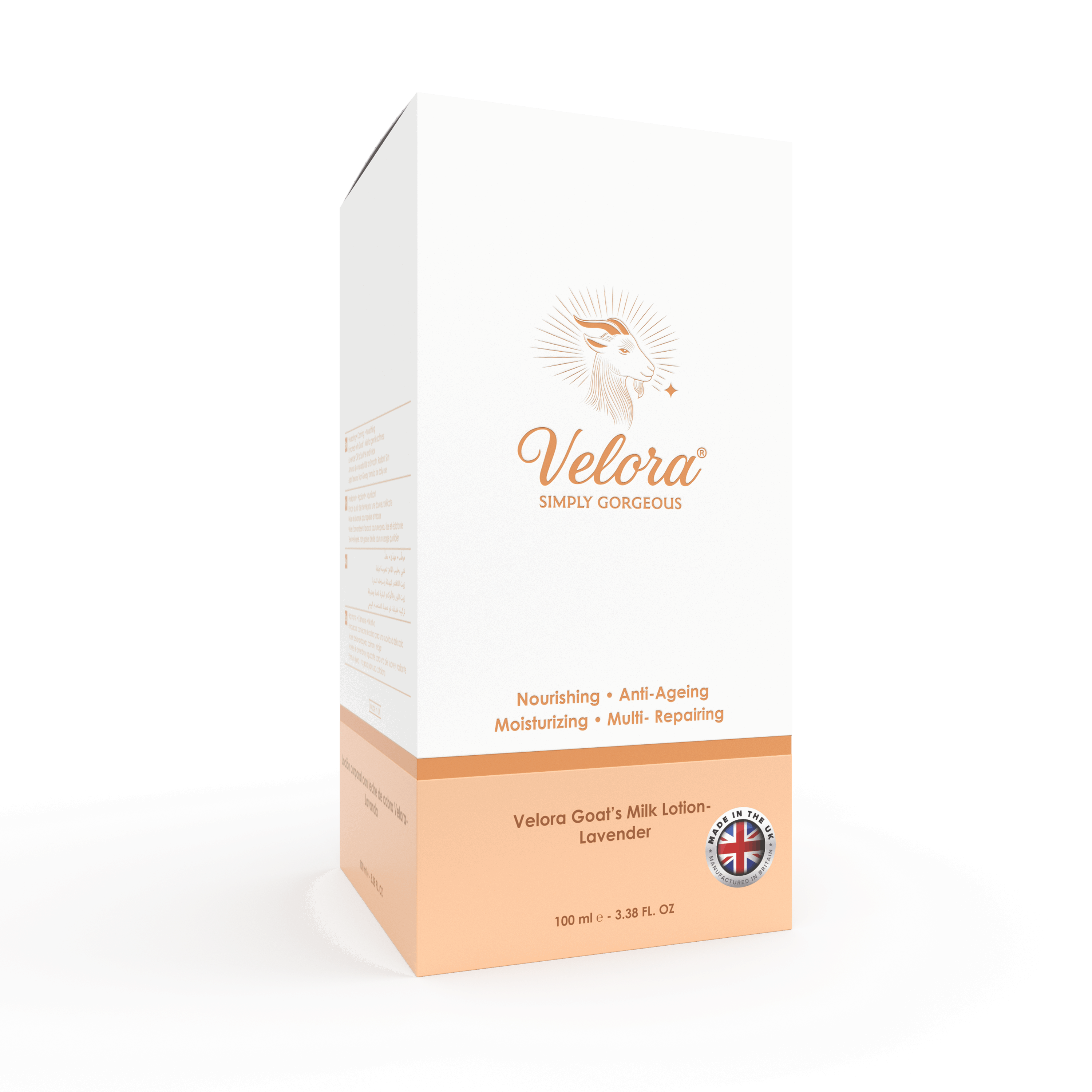 Velora Goat’s Milk Body Lotion packaging – hydrating, soothing lotion for soft radiant skin