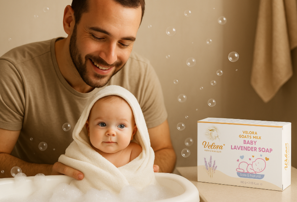 Man with a baby wrapped in a towel, with a box of Velona baby soap in the background.
