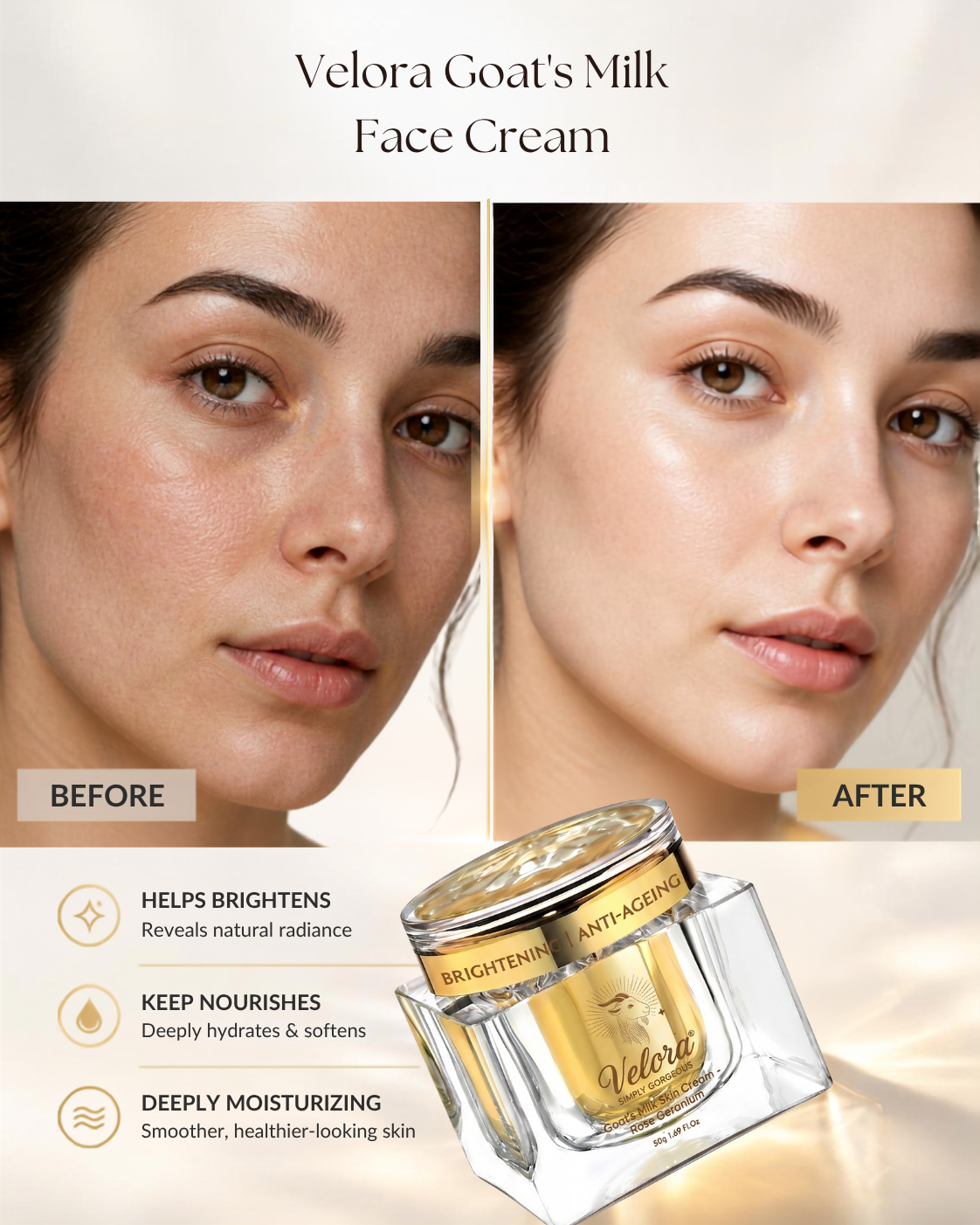 Velora Moisturising Goat Milk Face Cream | Hydrating Daily Face Moisturiser with Shea Butter & Rose Geranium