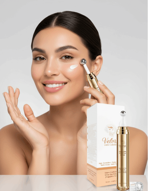 Woman applying Velora Goat’s Milk Under-Eye Cream with metal applicator – hydrating, brightening eye treatment for puffiness and dark circles
