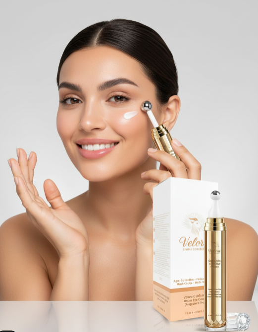Woman applying Velora Goat’s Milk Under-Eye Cream with metal applicator – hydrating, brightening eye treatment for puffiness and dark circles