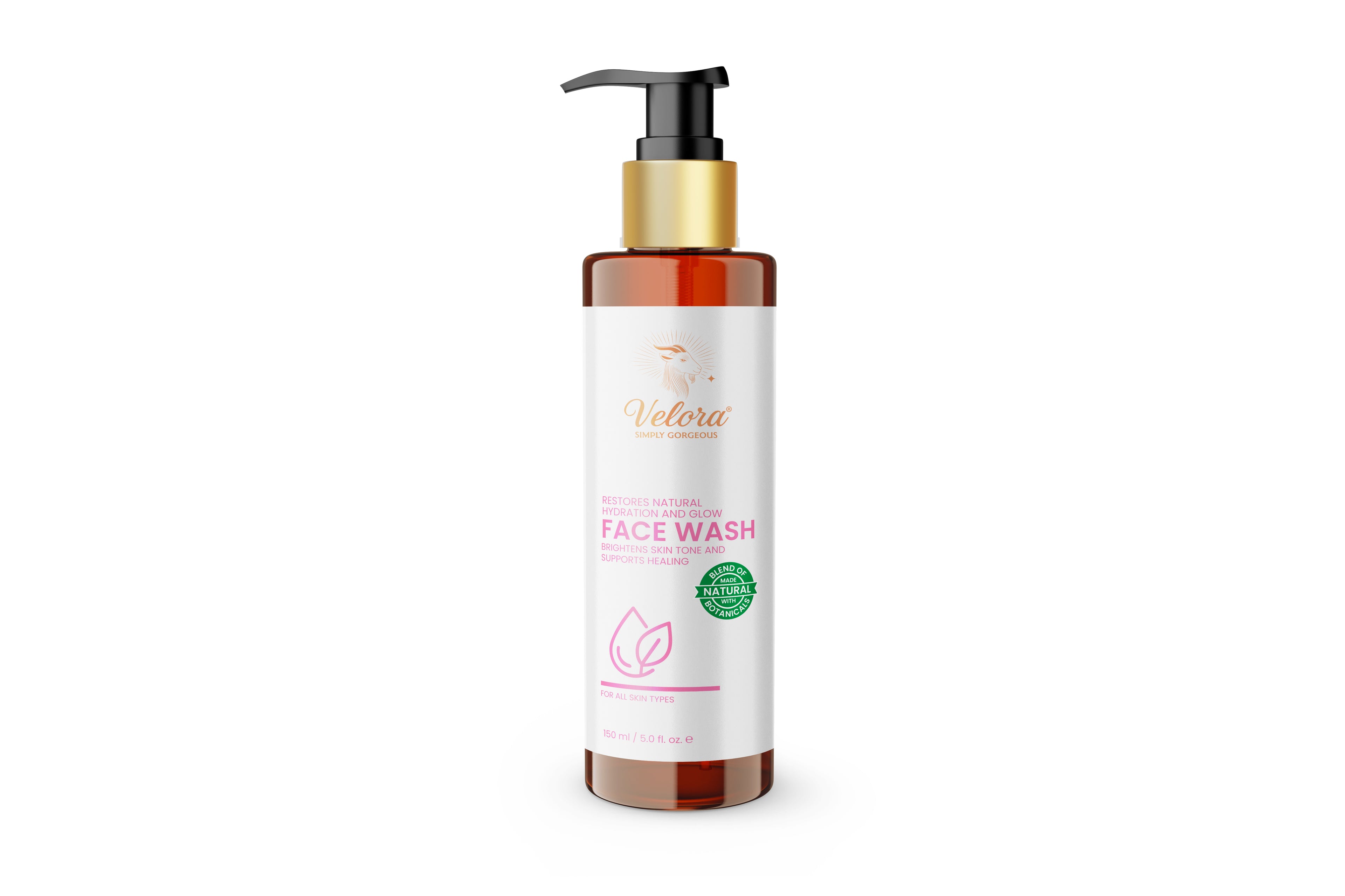 Velora natural face wash bottle for hydration, glow and skin tone correction – suitable for all skin types.
