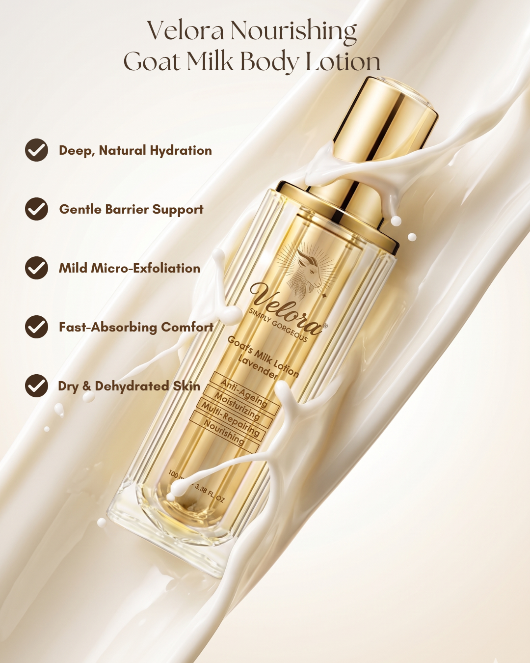 Velora Goat’s Milk Lotion that helps the skin with deep hydration, acts as a gentle barrier support, mild micro-exfoliation, fast absorption, and care for dry or dehydrated skin.