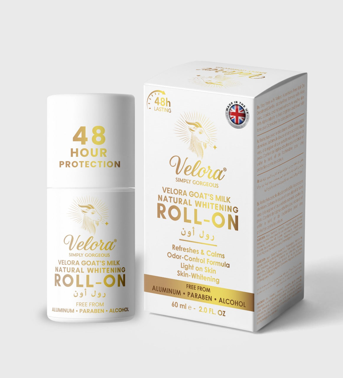 Velora Goat’s Milk Natural Whitening Roll-On Deodorant with 48-hour protection, aluminum-free, paraben-free, alcohol-free formula, showing bottle and packaging.