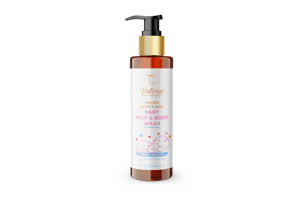 Velora Baby Hair & Body Wash bottle – lavender, vanilla, goat milk formula