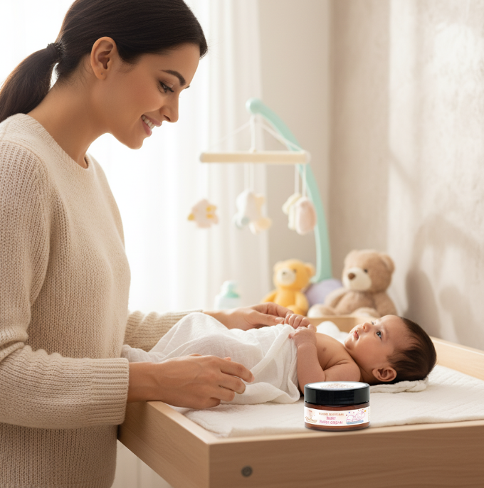 Mom applying Velora Baby Rash Cream to soothe diaper rash and protect baby skin