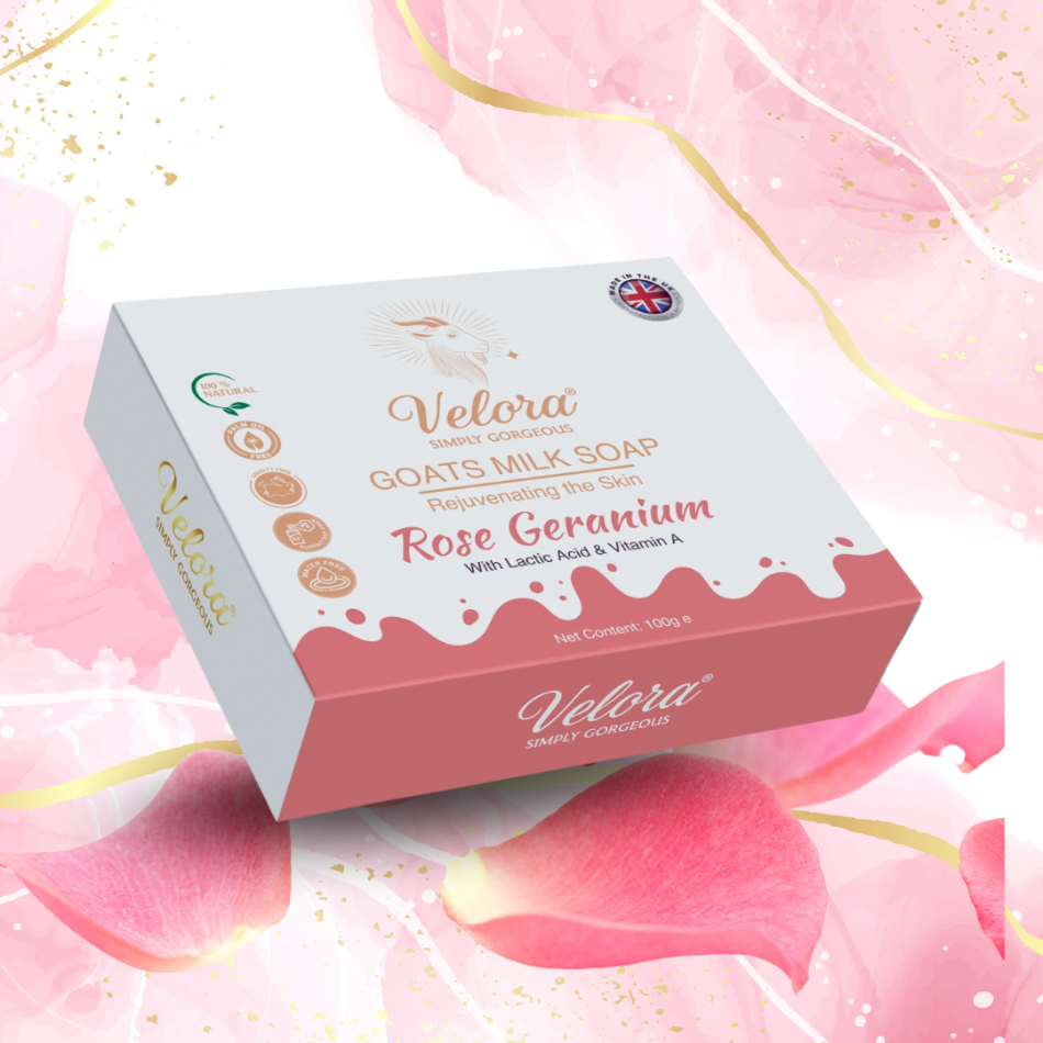 Velora Goat’s Milk Soap (Rose Geranium) – moisturizing goat milk bar soap on rose petal background