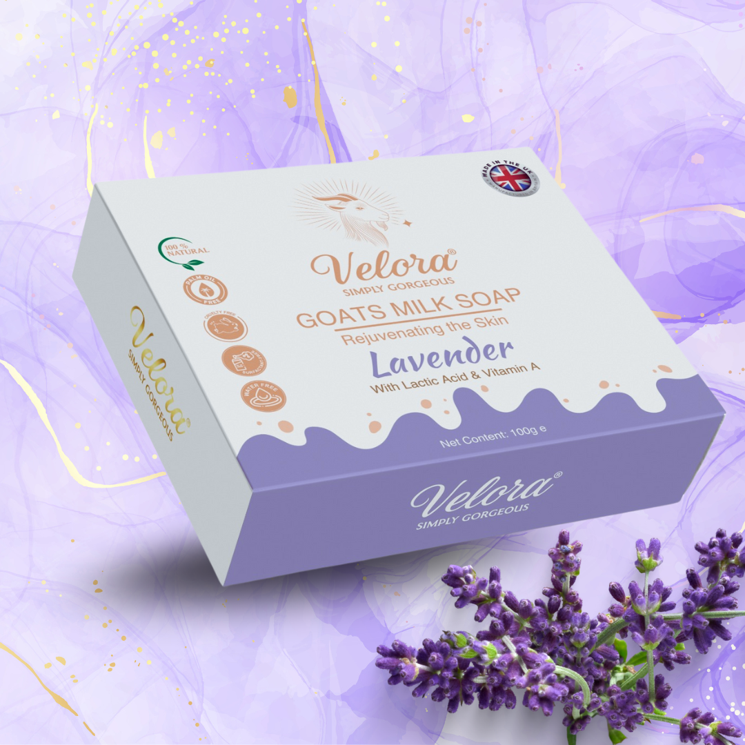 Velora Lavender Goat’s Milk Soap box with lavender flowers – natural moisturizing soap for gentle cleansing